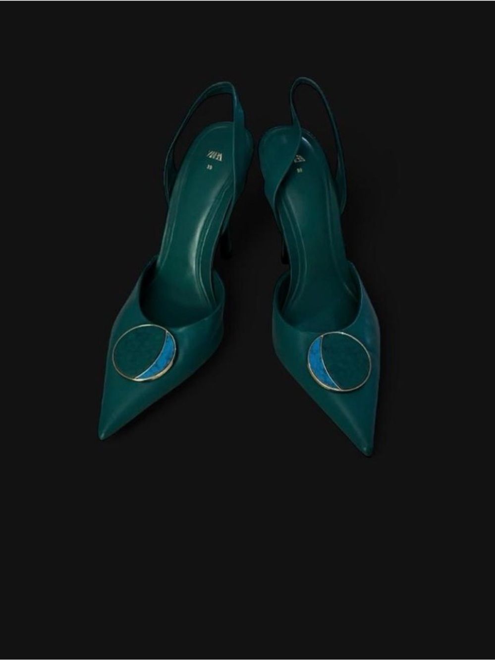 Zara Teal Pointed Slingback Heels with Round Accent